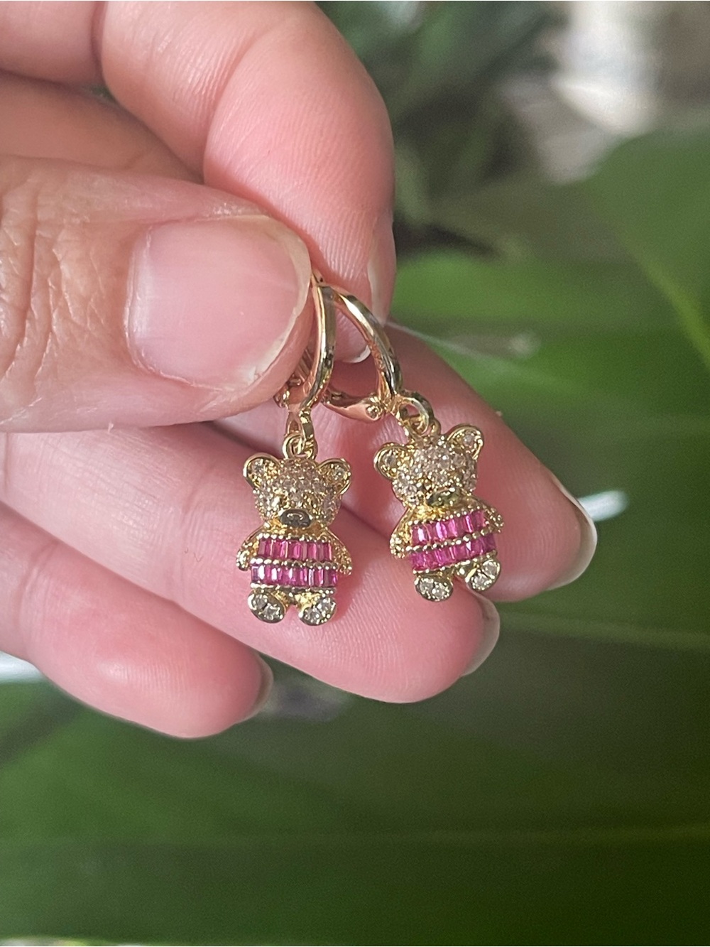 Gold Teddy Bear Hoop Earrings with Pink Crystal Accents